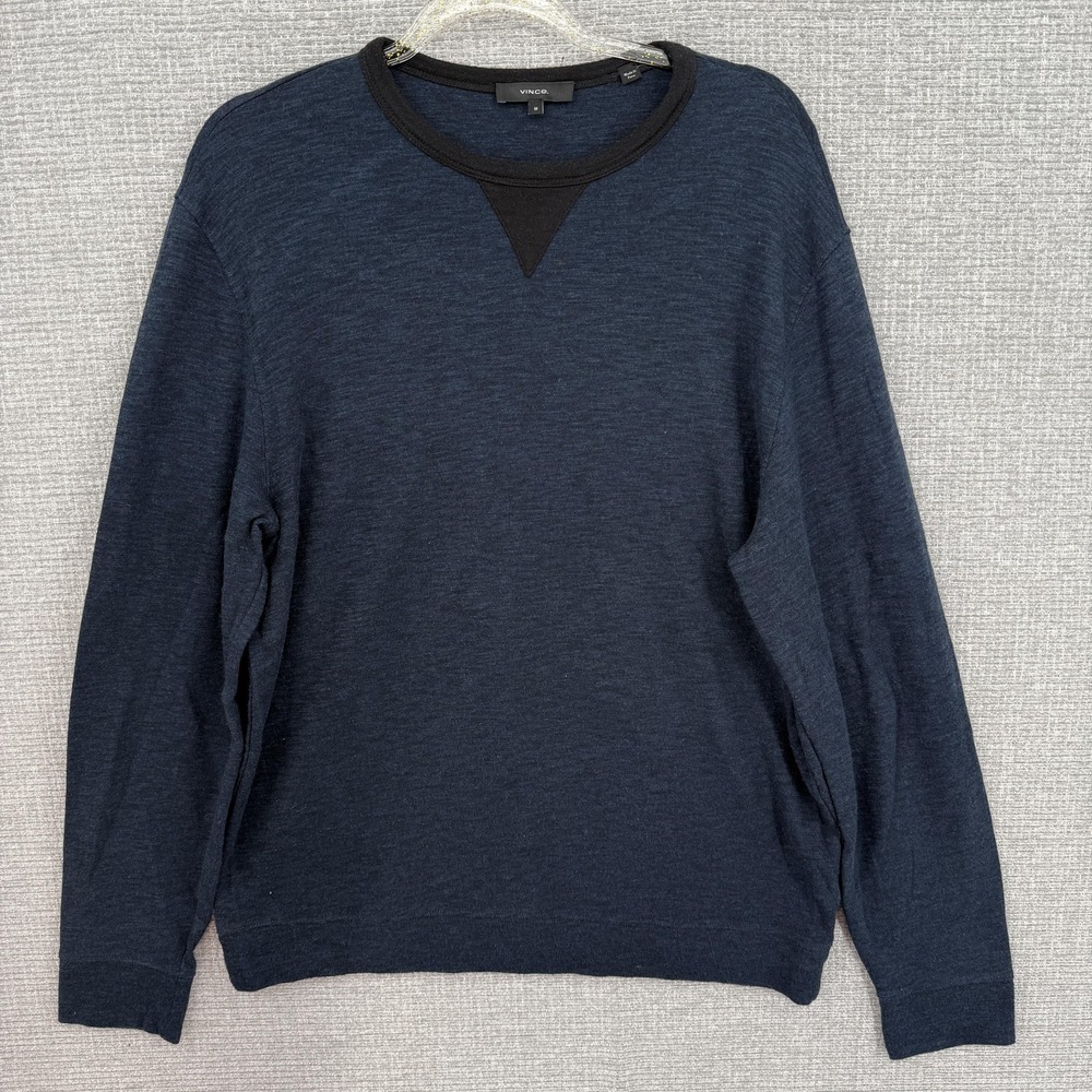 Vince Sweater Mens Medium Blue Cotton Blend Crewneck Pullover Contrast V Trim